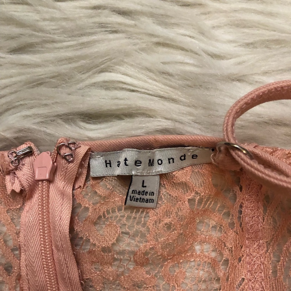 Haute Monde Corset Lace See Through Bodycon Flirty Coral Pink Mini Dress size L - Picture 7 of 13